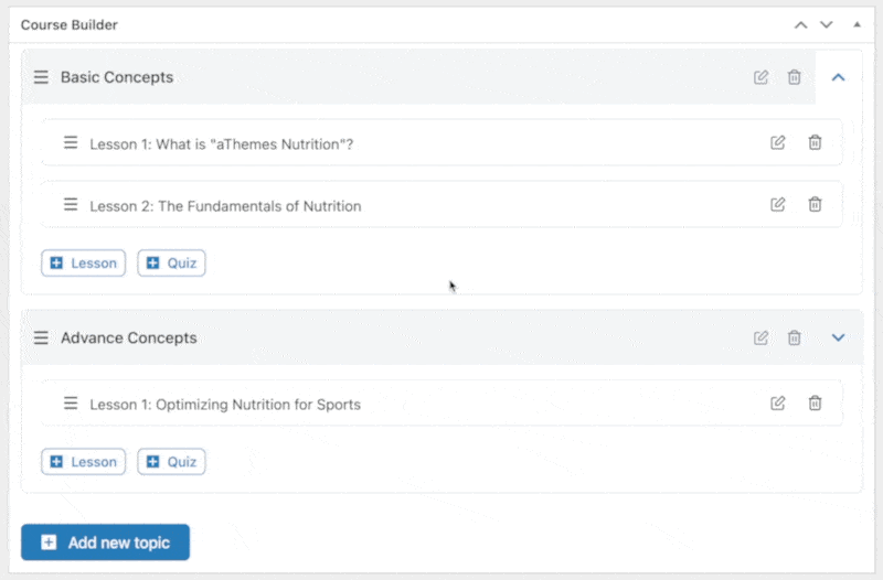 Re-arranging course content with drag and drop