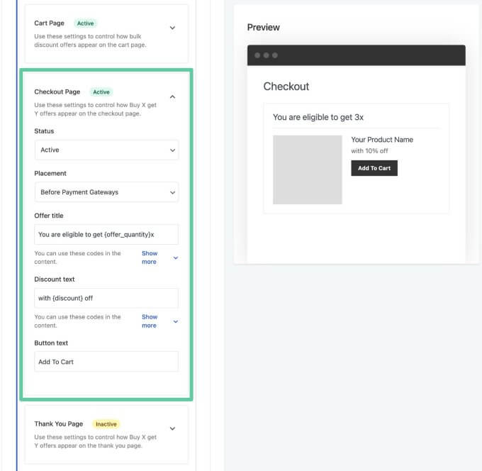 Checkout page settings