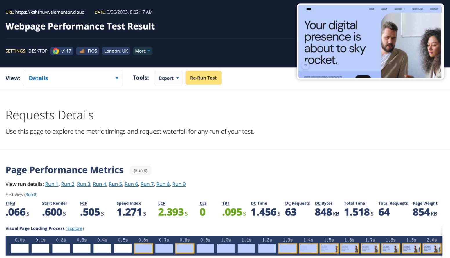 Elementor Hosting performance results in WebPageTest