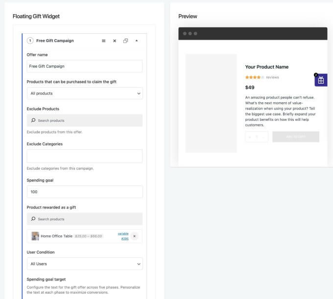 WooCommerce free gift settings in Merchant