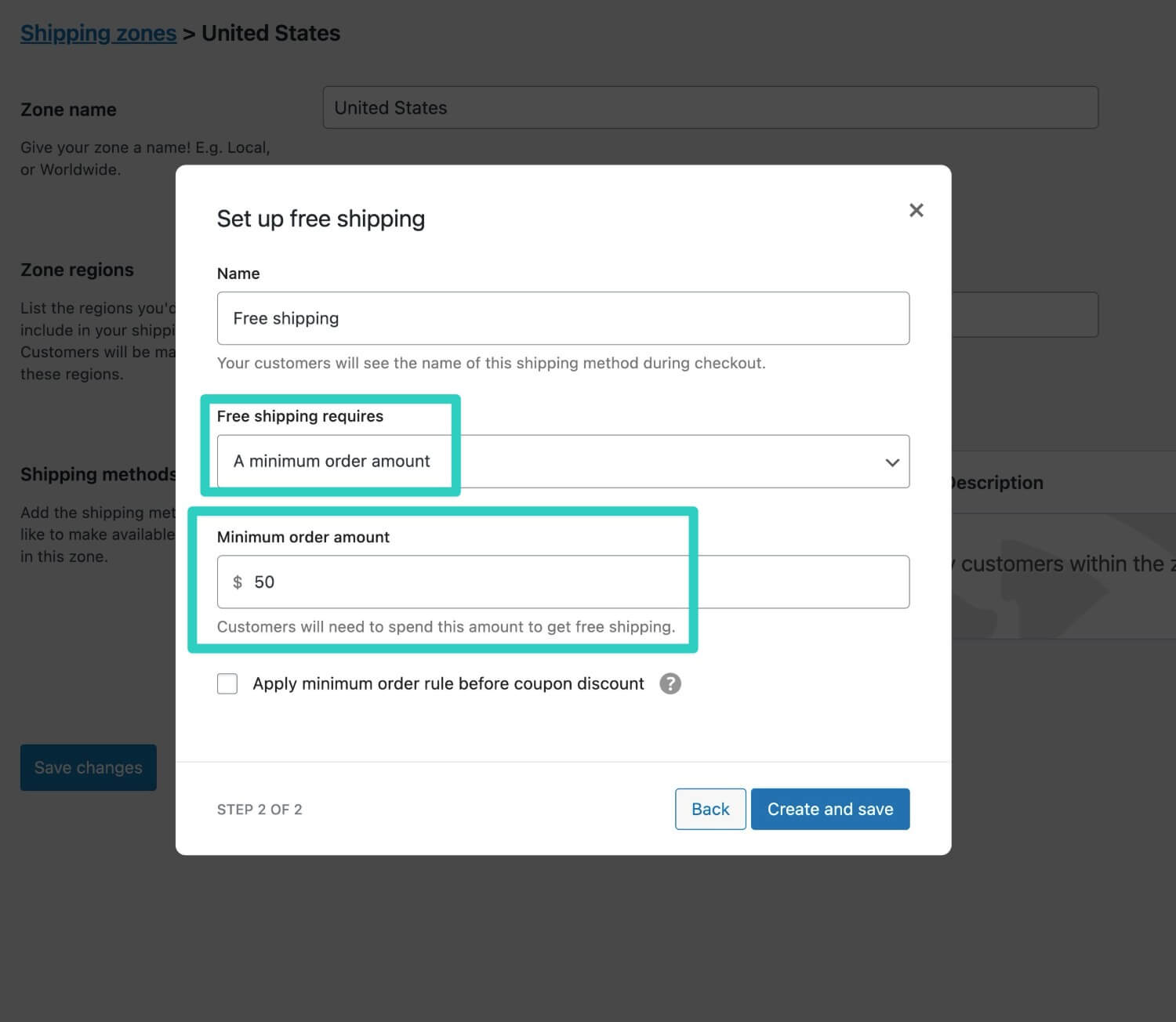 Set free shipping minimum order amount