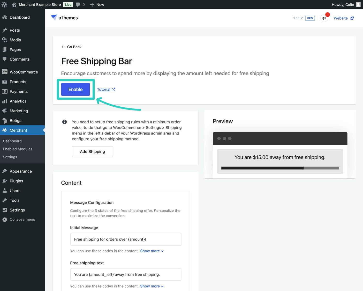 Enable the Free Shipping bar module