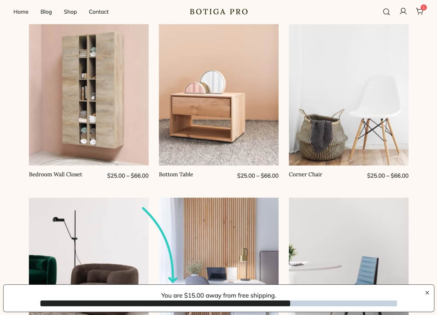 An example of WooCommerce free shipping bar at bottom of screen
