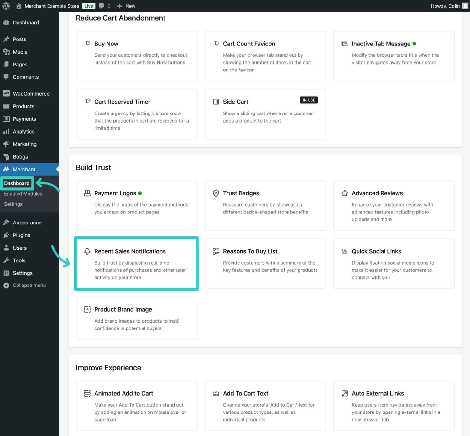 Open the recent sales notifications module