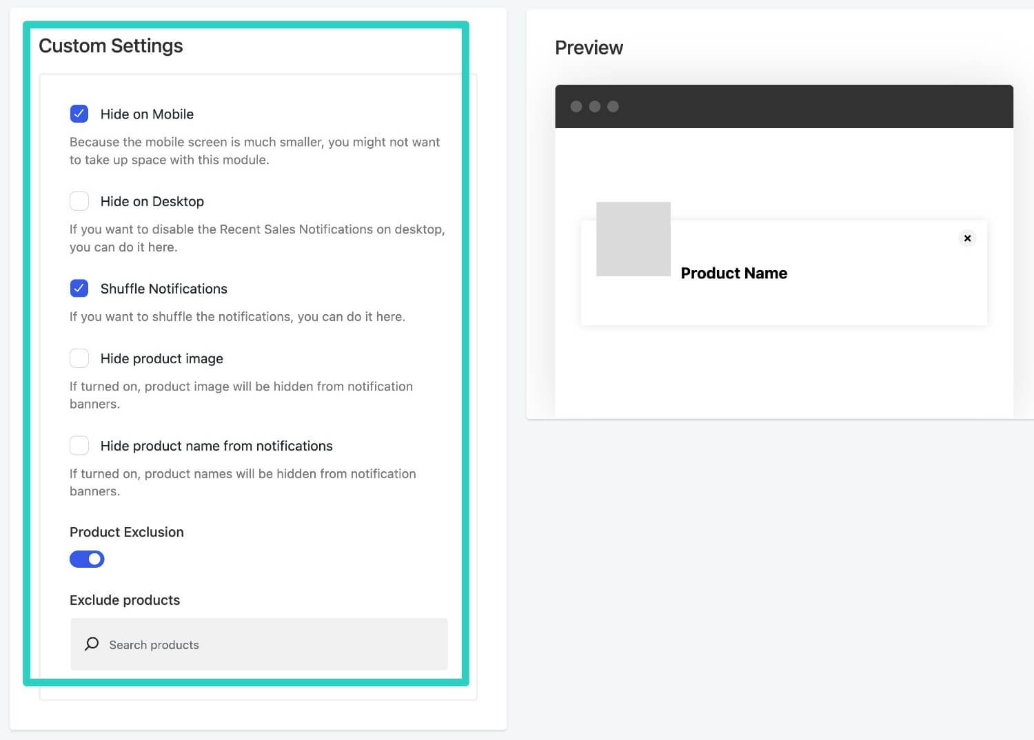 Custom settings area