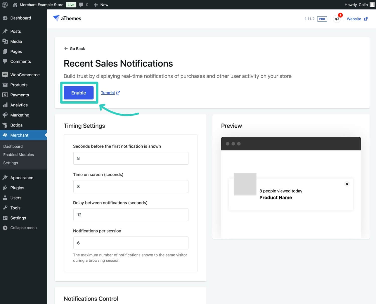 Enable the WooCommerce live sales notifications module