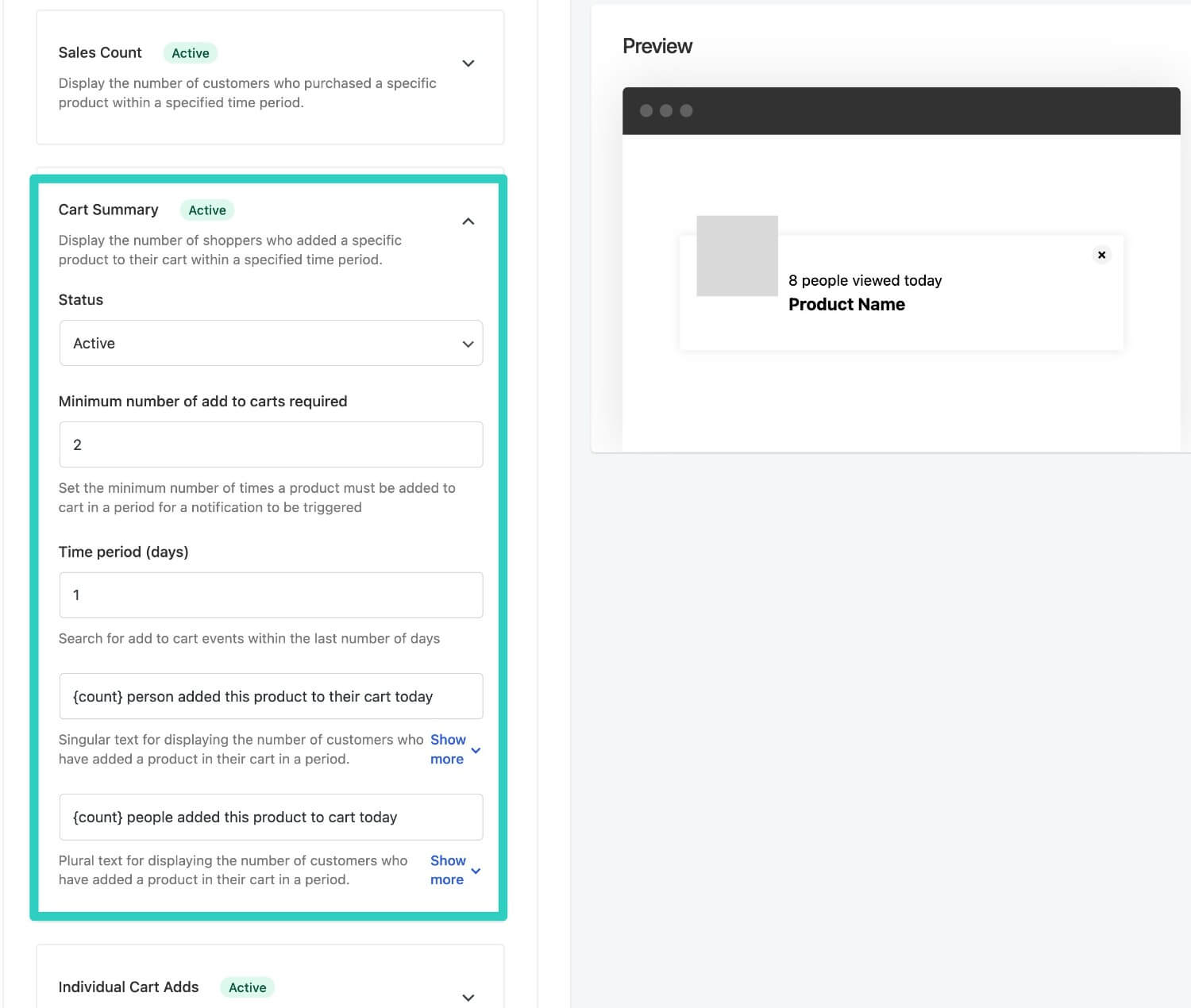 Cart summary notifications