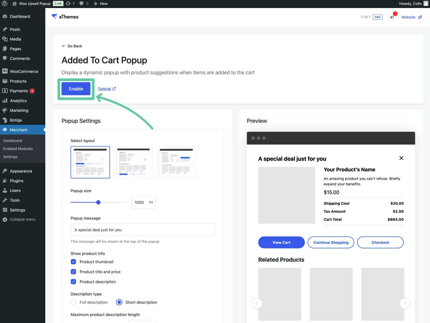 Enable the added to cart module