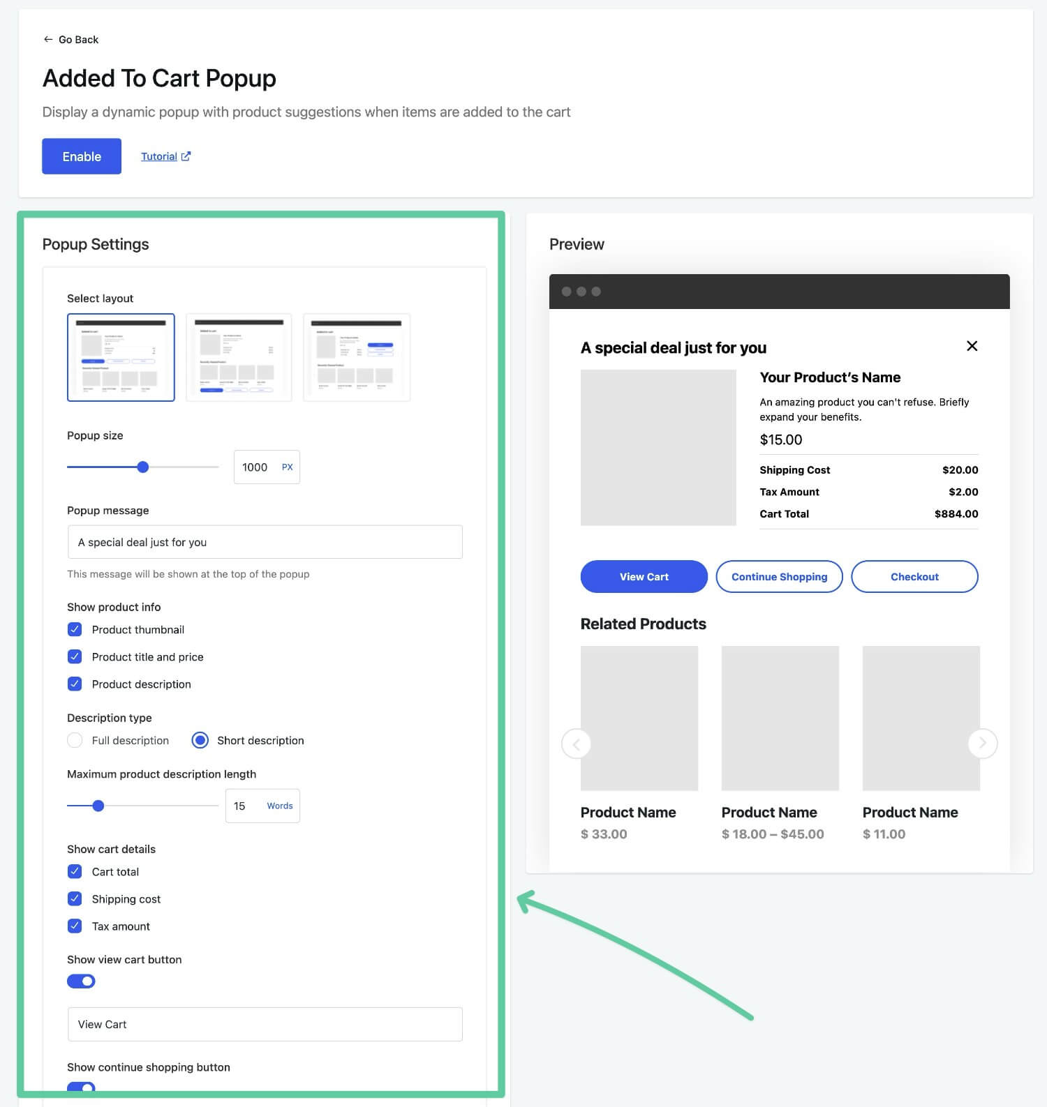 Configure the popup settings
