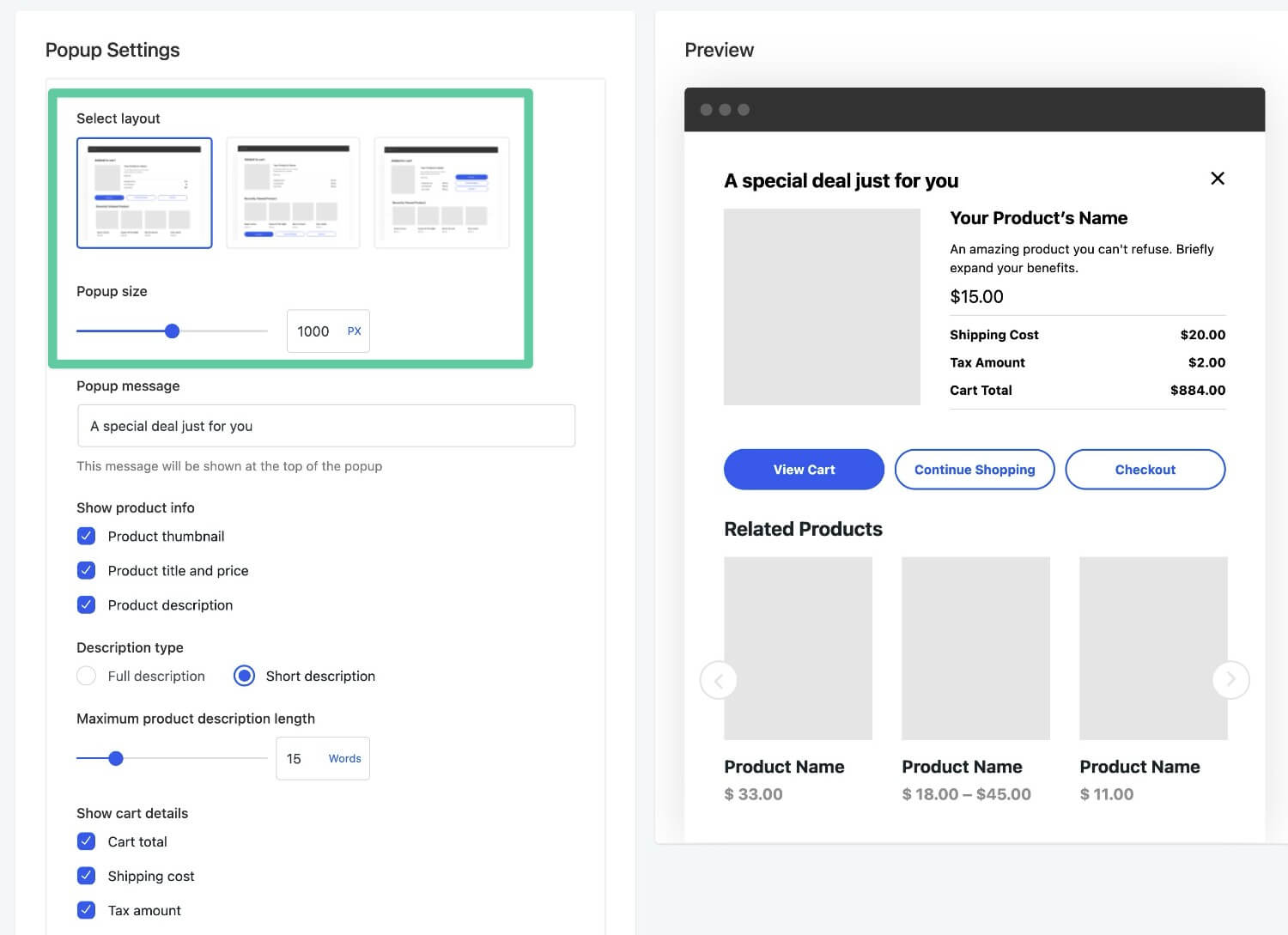 Choose the popup layout and size