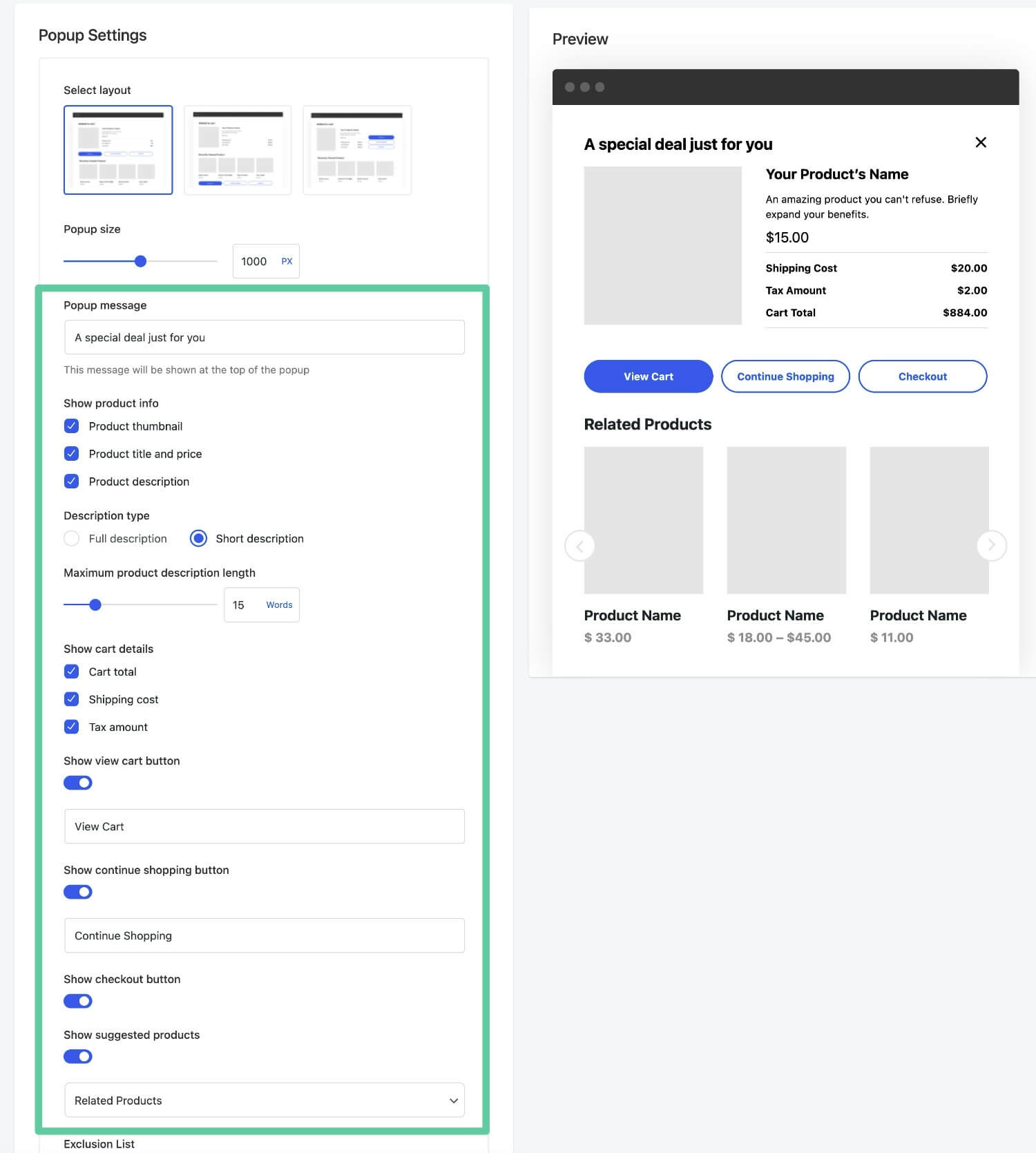 Configure the popup content