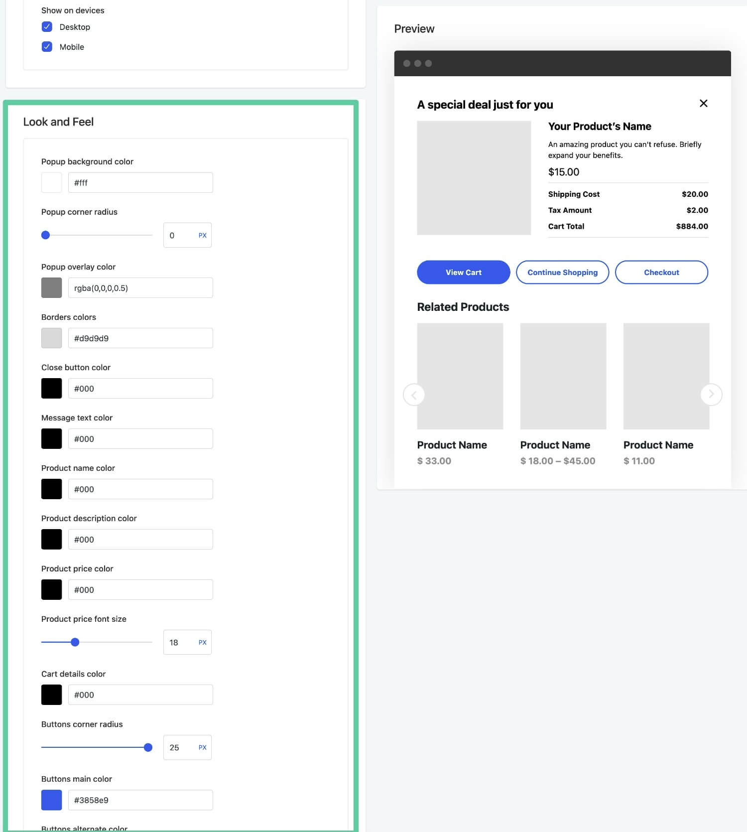 Configure the colors and style of your popup