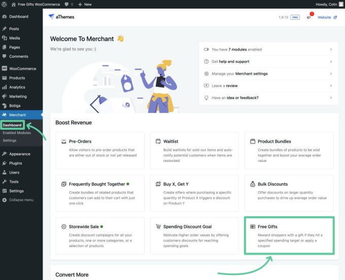 Activate the Merchant WooCommerce Free Gifts module