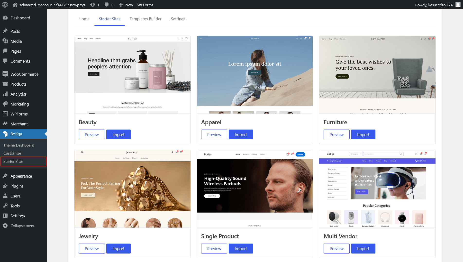 Botiga Pro Starter Sites library