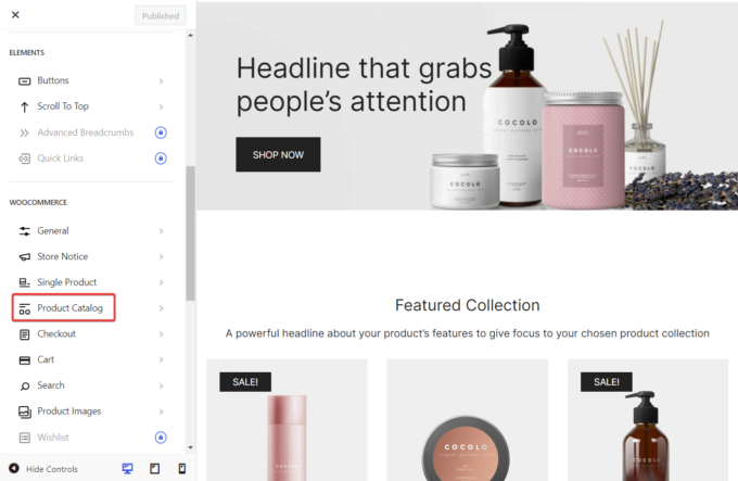 Location of the Product Catalog option in the Customizer, added by Botiga