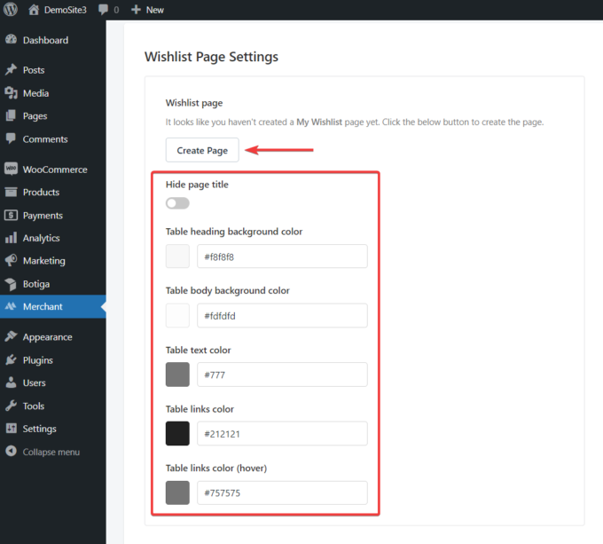 Options of Wishlist Page Settings