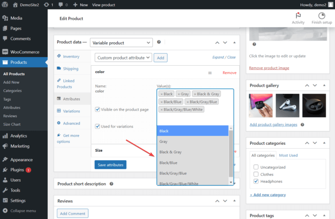 Botiga Pro's new product swatches on a WooCommerce product page